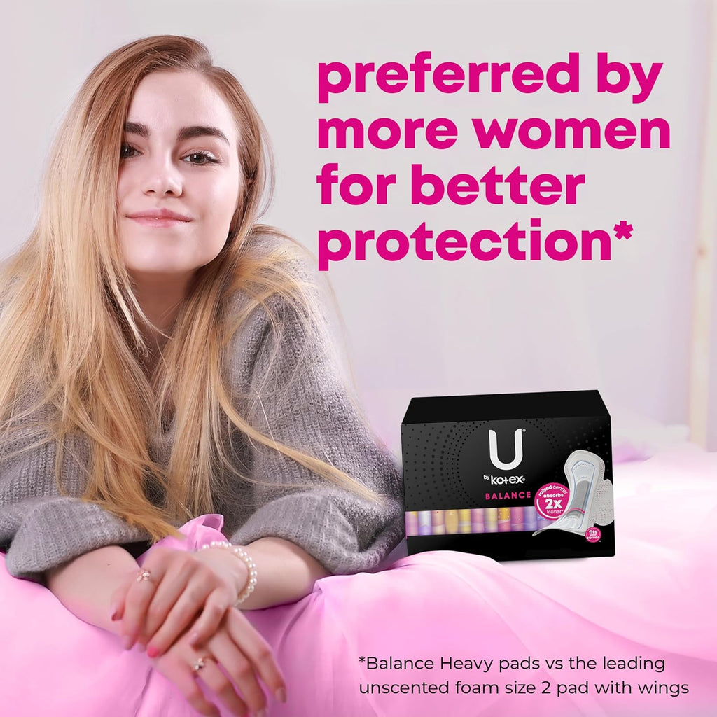 U by Kotex Balance Ultra Thin Pads with Wings, Heavy Absorbency, 46 Count (Packaging May Vary)