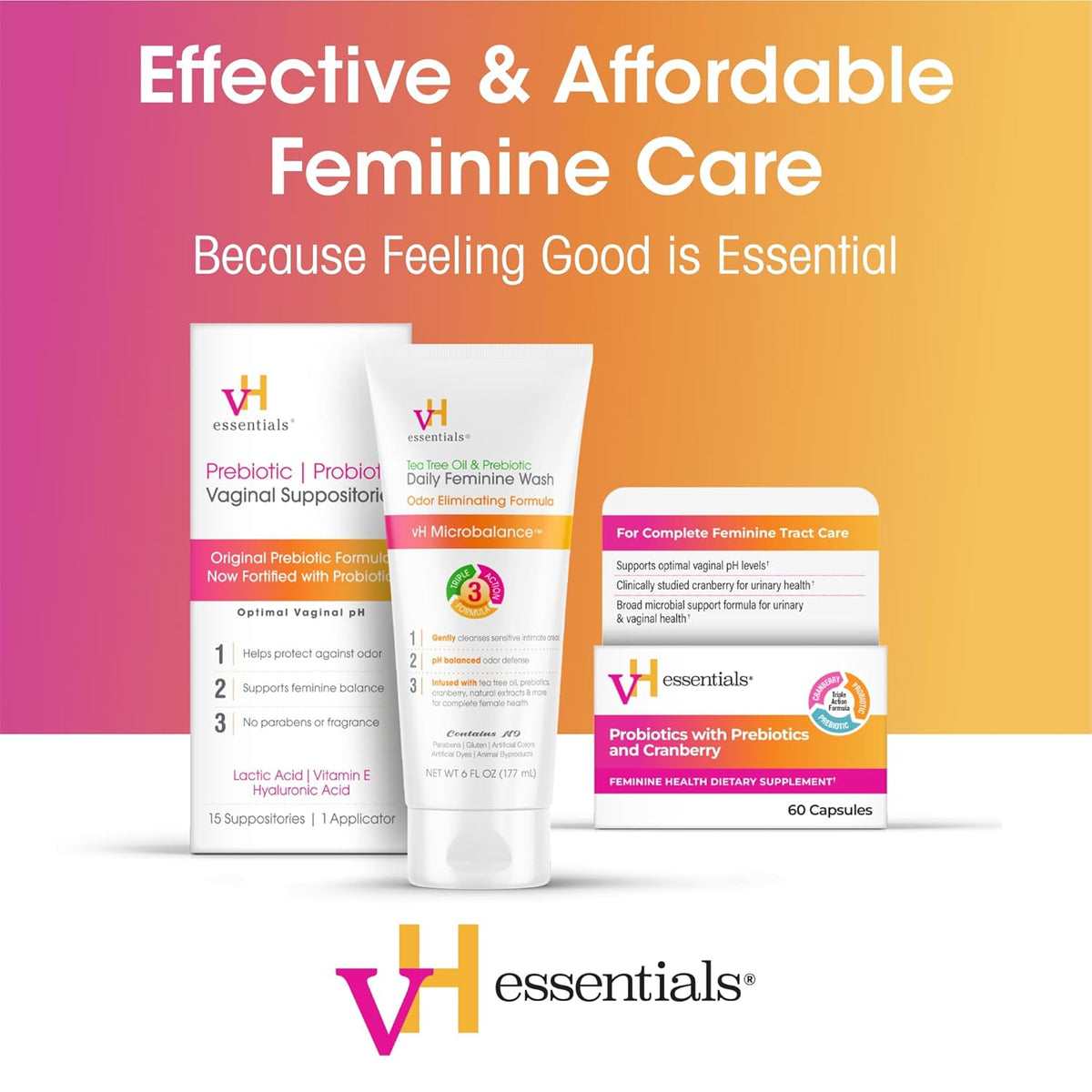 vH Essentials Daily Feminine Wash - 10 Fl Oz - Odor Eliminating Vaginal Wash with Tea Tree Oil, Prebiotics and Cranberry, gentle cleanser + pH balancing
