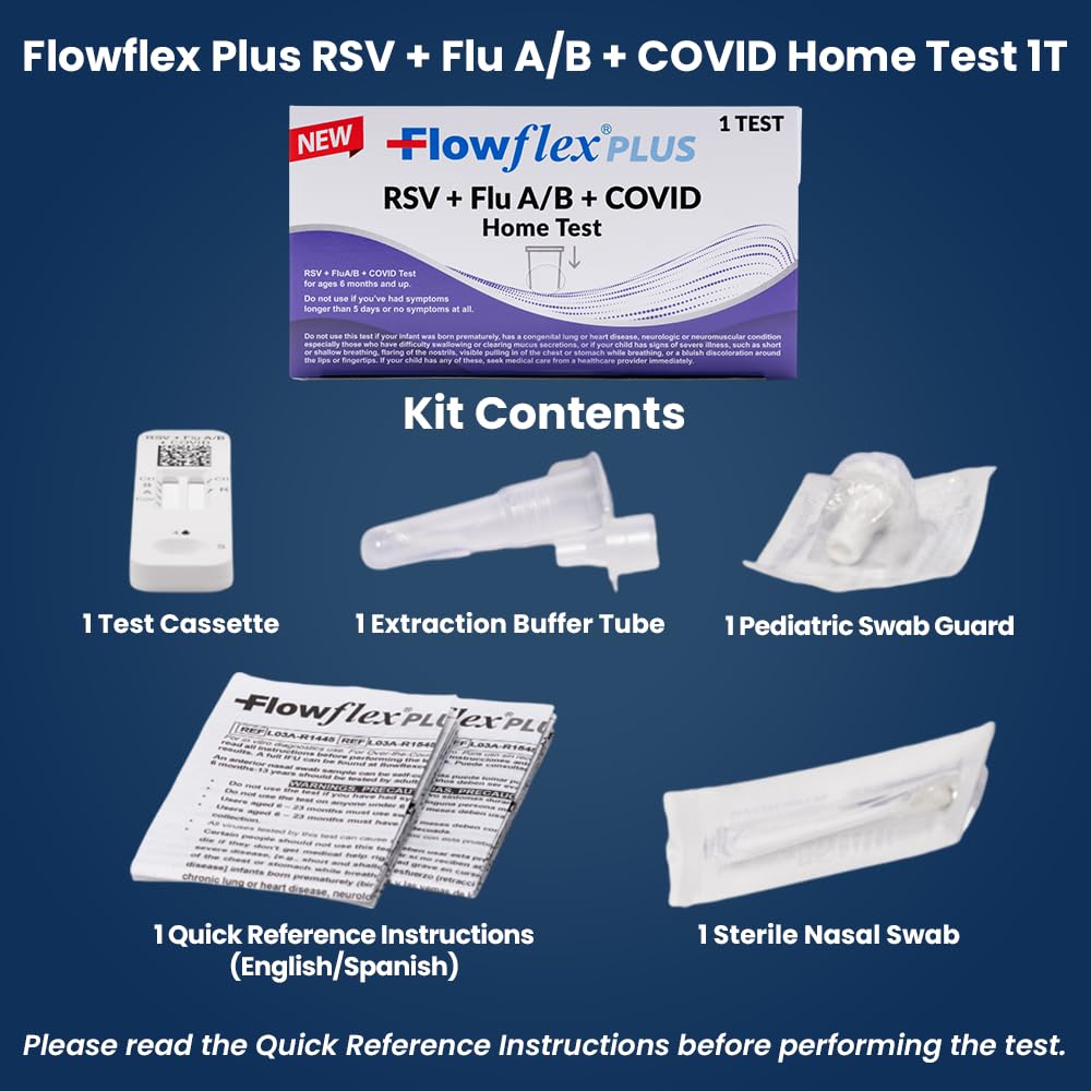 Flowflex Plus RSV + Flu A/B + COVID Home Test, 4-in-1 Home Test Kit, Rapid Results in 15 Minutes, OTC At-Home Antigen Test for Adults & Children (1 Test)