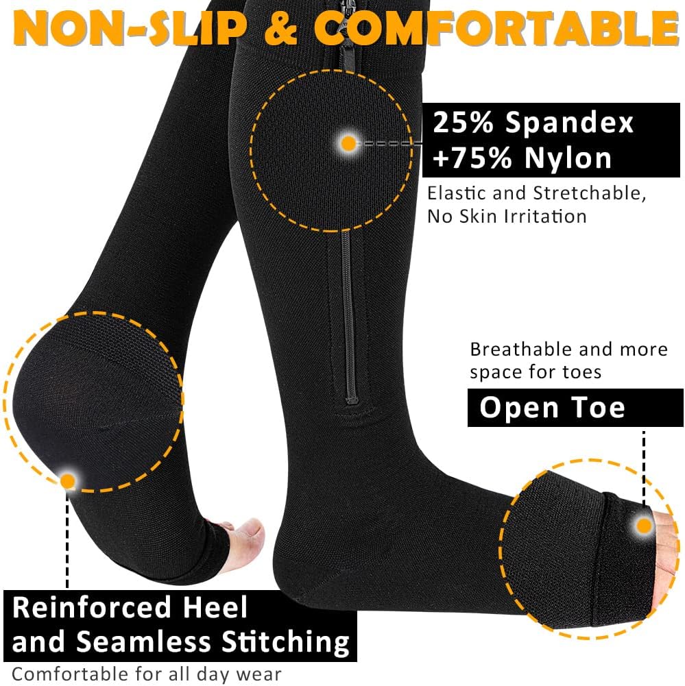 CASMON 15-20mmHg Zipper Compression Socks for Women and Men, Knee High Compression Stockings, Medical Open Toe Support Socks for Varicose Veins, Post-surgery, Swelling, Nurses, Pregnancy (1 Pair)