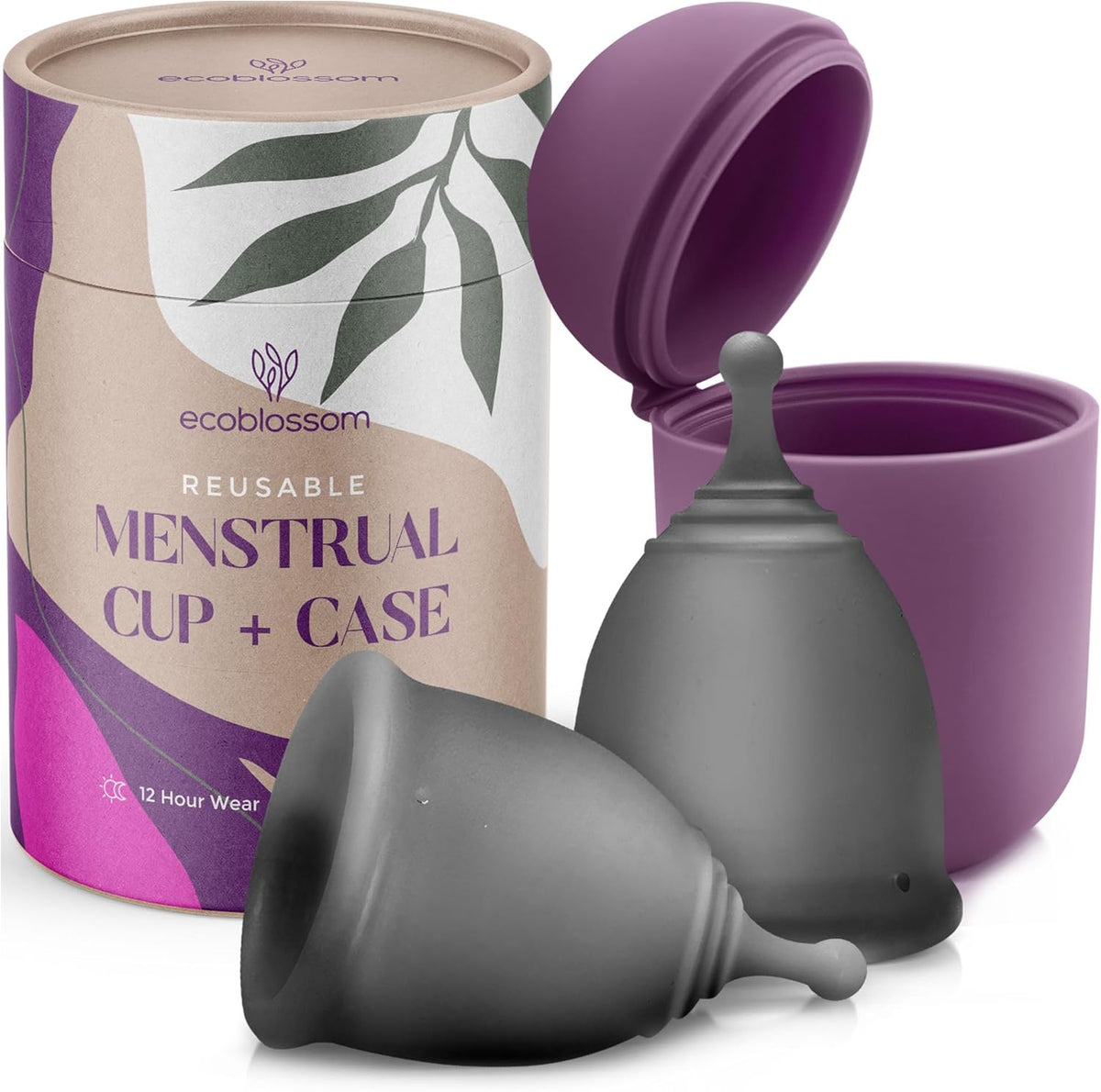 EcoBlossom Reusable Menstrual Cup and Case - The Most Reliable Medical Grade Silicone Period Cups - Comfortably use for 12 Hours (Small (Pack of 2), Gray Cup & Case)