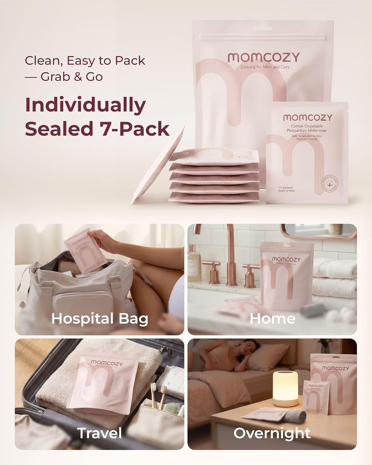 Momcozy 7 Pcs 100% Cotton Postpartum Underwear for Women, Breathable Mid-High Waist Disposable Underwear with Wide Gusset