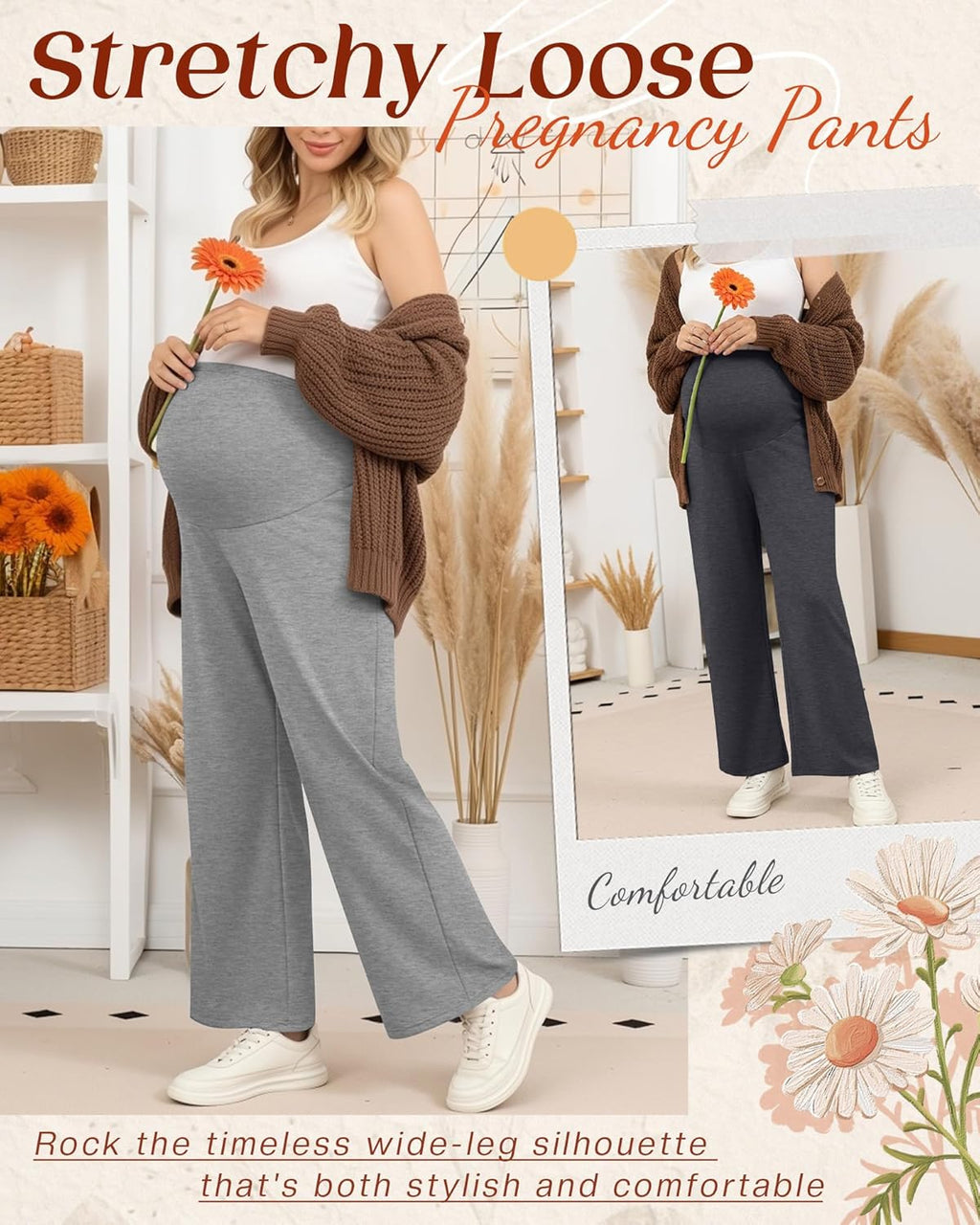 3 Pack Women's Maternity Lounge Pants Wide Leg Over The Belly Pregnancy Pajama Pants Loose Casual Trousers