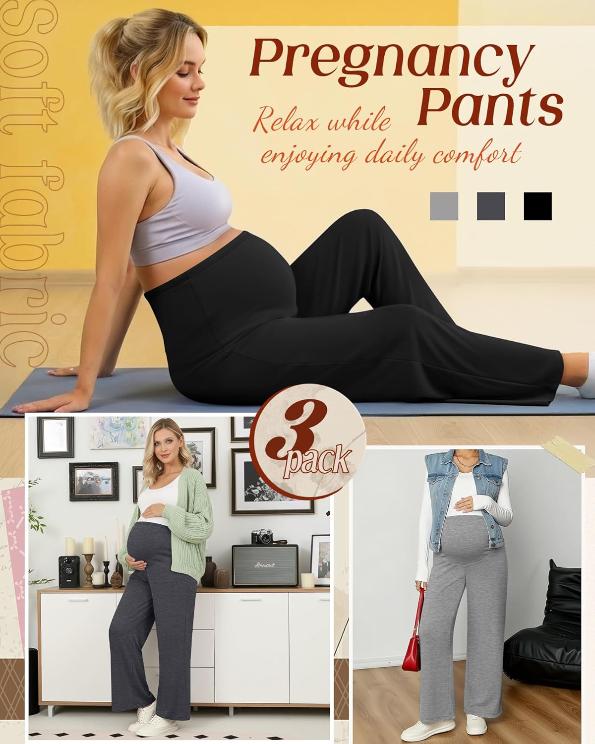 3 Pack Women's Maternity Lounge Pants Wide Leg Over The Belly Pregnancy Pajama Pants Loose Casual Trousers