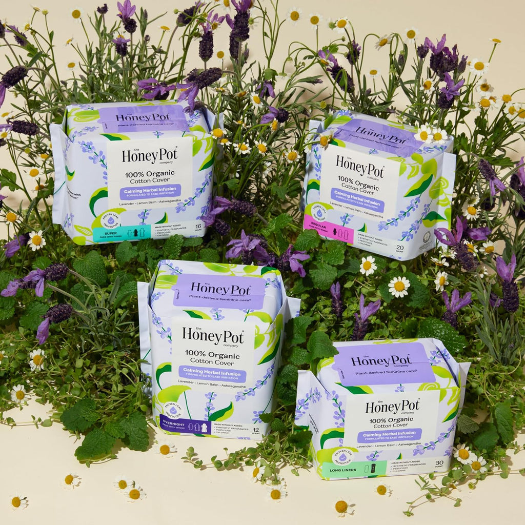 Honey Pot - Calming Herbal Super Sanitary Pads for Women - 100% Organic Cotton Top Sheet - Feminine Care - Non Cooling - Calming Herbs of Lavender, Ashwagandha, & Lemon Balm - 16ct