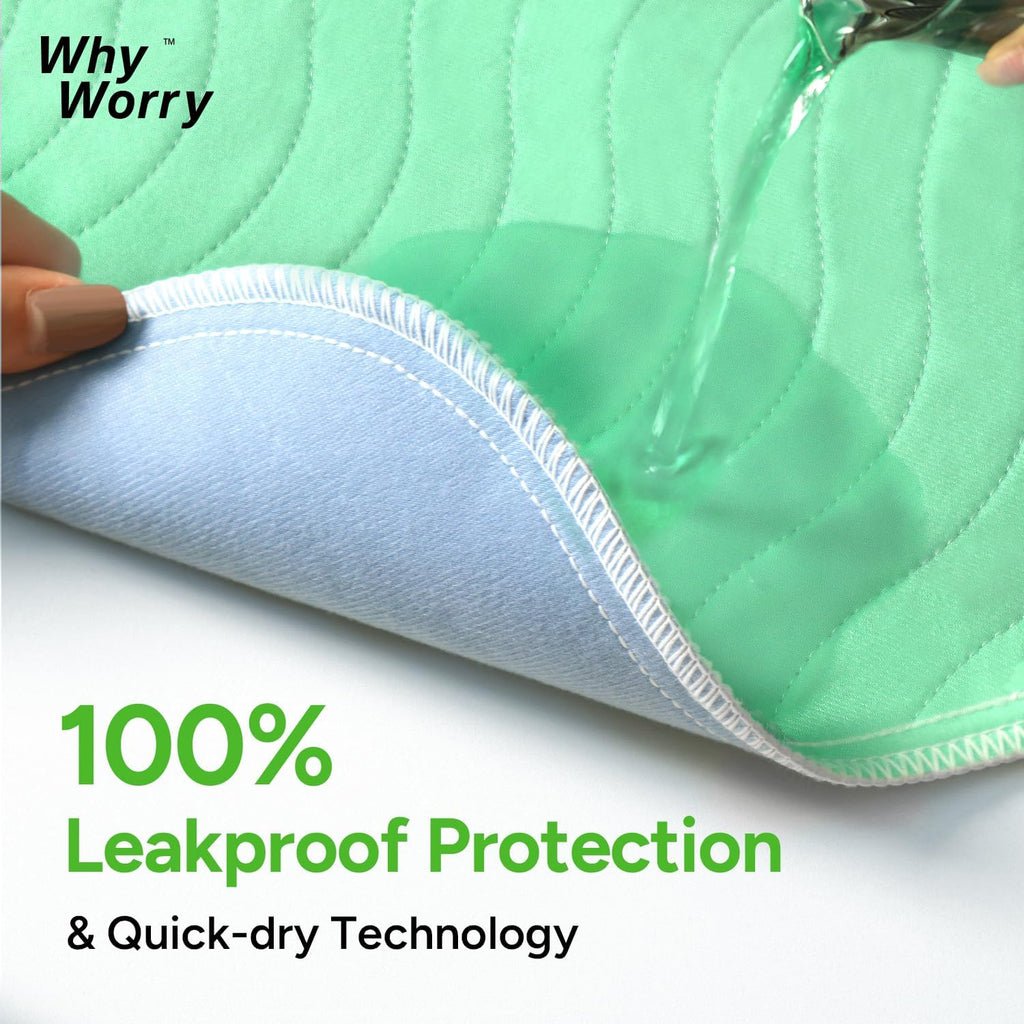 WhyWorry Washable Bed Pads for Adult Incontinence, 86x91cm (Pack of 4) Waterproof Mattress Protector for Bed Wetting, Heavy Absorbent Reusable Underpads for Elderly & Kids, Washable Pee Pads, Green