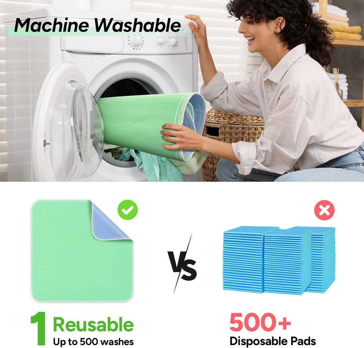 WhyWorry Washable Bed Pads for Adult Incontinence, 86x91cm (Pack of 4) Waterproof Mattress Protector for Bed Wetting, Heavy Absorbent Reusable Underpads for Elderly & Kids, Washable Pee Pads, Green