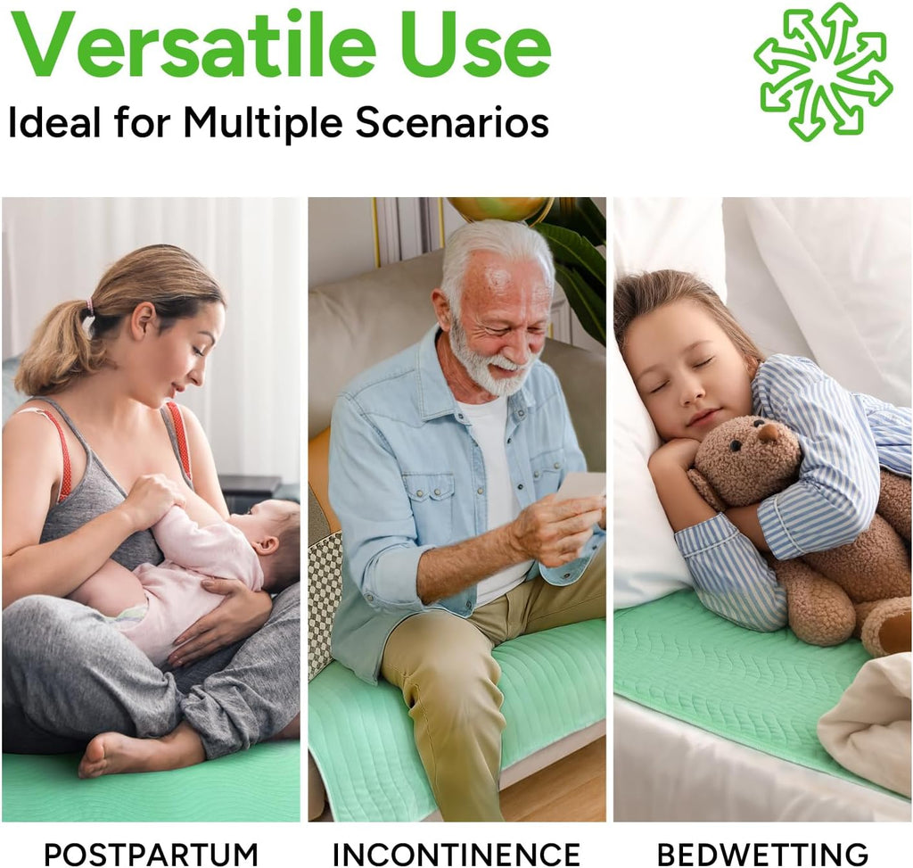 WhyWorry Washable Bed Pads for Adult Incontinence, 86x91cm (Pack of 4) Waterproof Mattress Protector for Bed Wetting, Heavy Absorbent Reusable Underpads for Elderly & Kids, Washable Pee Pads, Green