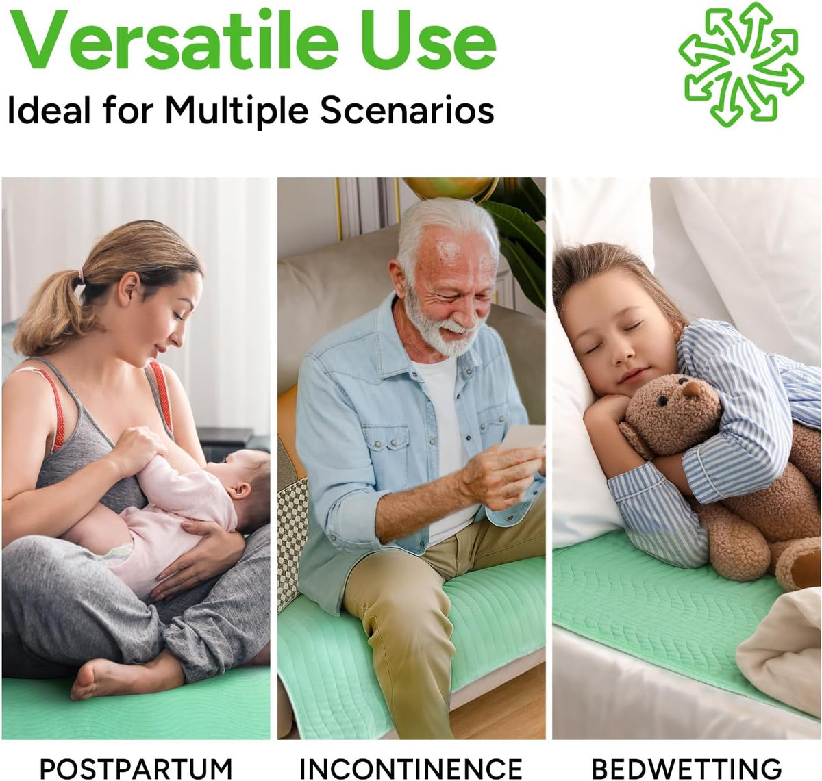 WhyWorry Washable Bed Pads for Adult Incontinence, 86x91cm (Pack of 4) Waterproof Mattress Protector for Bed Wetting, Heavy Absorbent Reusable Underpads for Elderly & Kids, Washable Pee Pads, Green