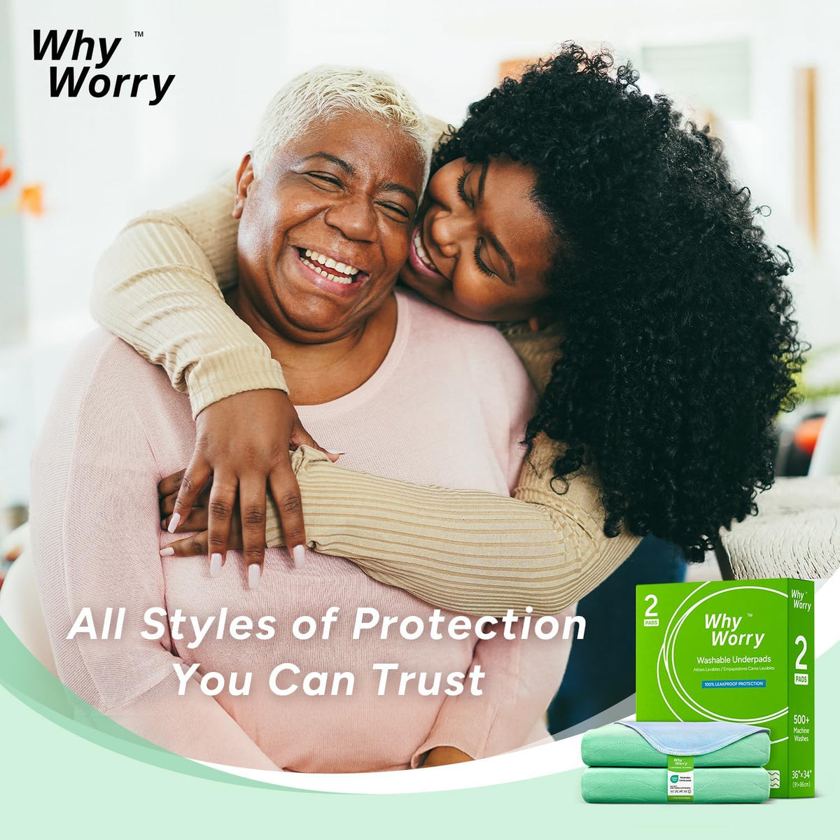 WhyWorry Washable Bed Pads for Adult Incontinence, 86x91cm (Pack of 4) Waterproof Mattress Protector for Bed Wetting, Heavy Absorbent Reusable Underpads for Elderly & Kids, Washable Pee Pads, Green