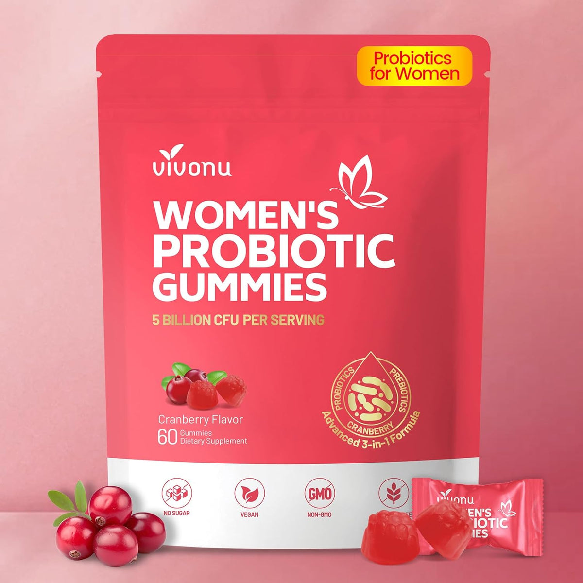 VivoNu Vaginal Women Probiotic, Feminine Balance pH Gummies for Healthy Odor, Yeast Balance & Flora + Vitamin C for Immune Support -Cranberry Probiotics