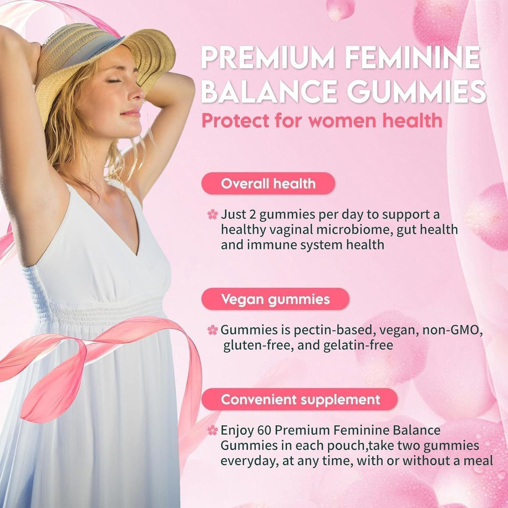 Feminine Balance Gummies for Daily Wellness with Probiotics & Multivitamins, Vegan Hawaiian Pineapple Flavor, Gluten Free, 60 Gummies.