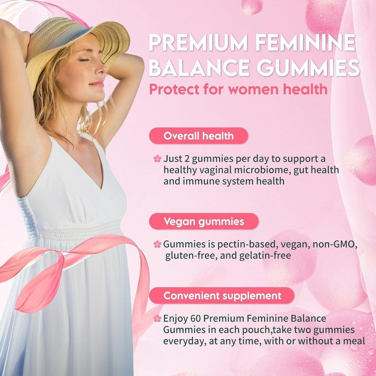 Feminine Balance Gummies for Daily Wellness with Probiotics & Multivitamins, Vegan Hawaiian Pineapple Flavor, Gluten Free, 60 Gummies.