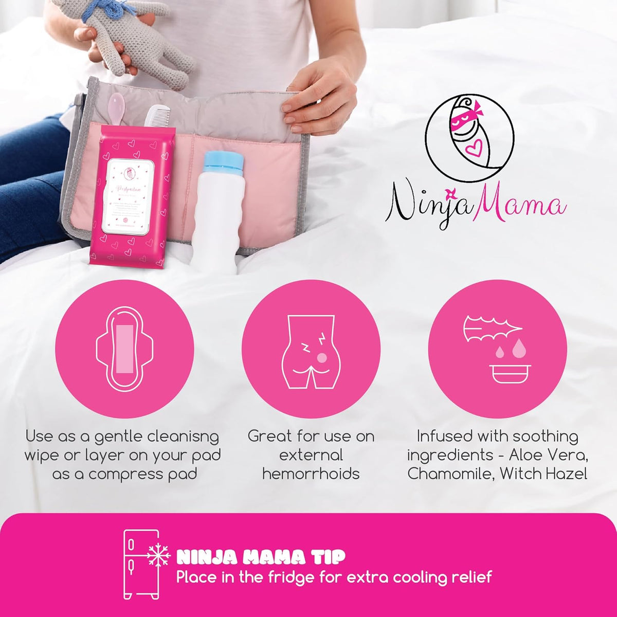 Ninja Mama Postpartum Perineal Care Cooling Pad Liners. Soothing Witch Hazel Wipes with Aloe and Chamomile for Post Partum Relief After Birth Tears and Haemorrhoids. Postpartum Essentials Twin Pack (2 X 45 Wipes)