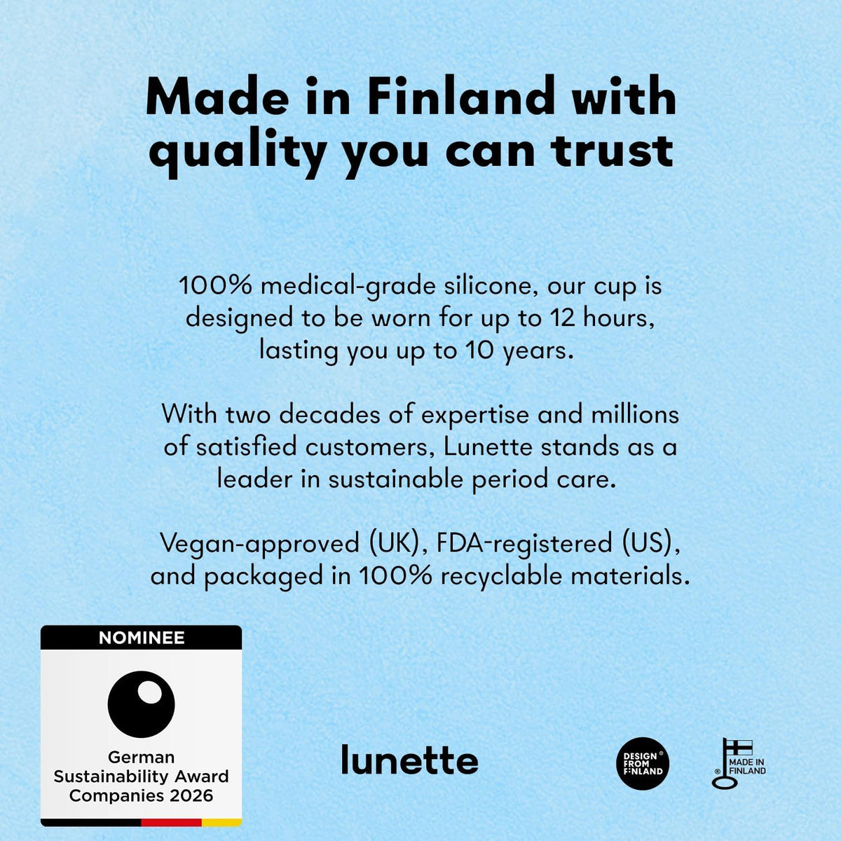 Lunette Menstrual Cup Reusable BPA Free Period Cup with 12-Hour Leak Free Comfort - Soft 100% Medical-Grade Silicone - Eco-Friendly Pad & Tampon Alternative – Vegan - Made in Finland - Size 1 Blue