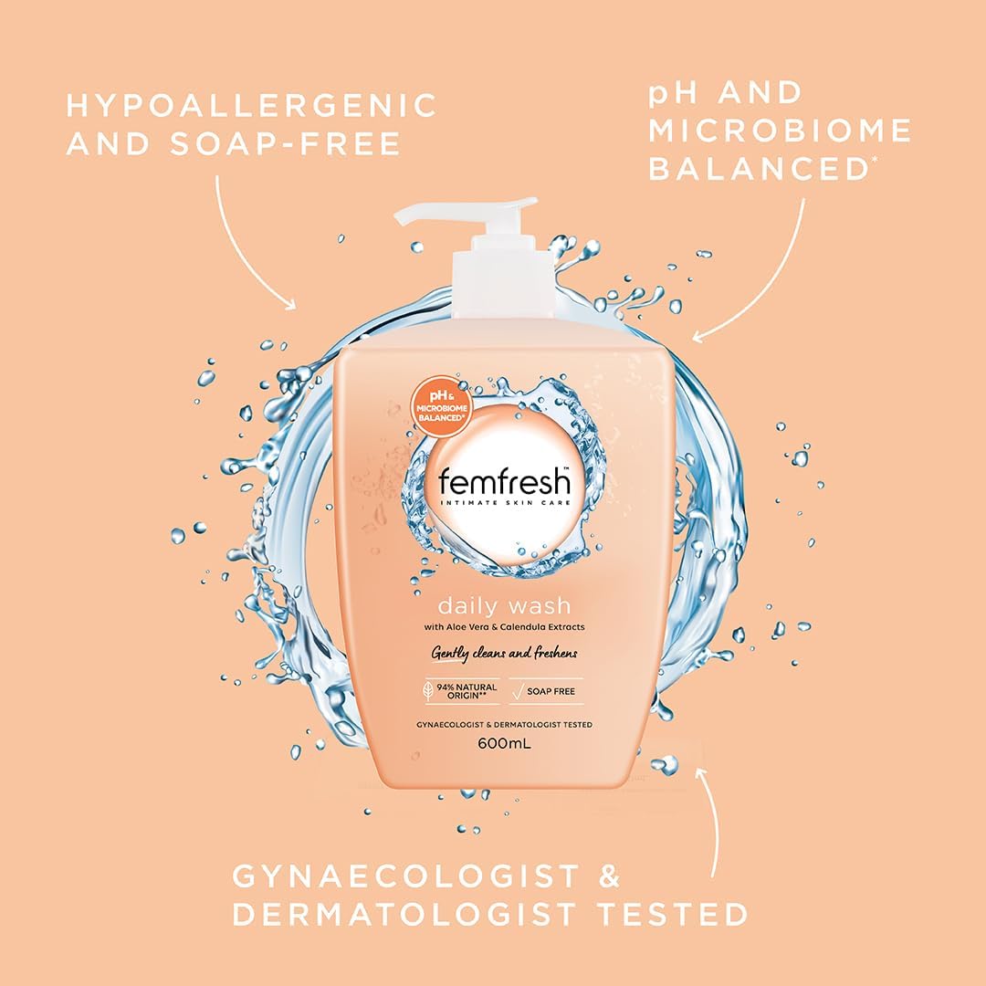 Femfresh Daily Intimate Wash 600ml - pH & Microbiome Balanced, With Aloe Vera & Calendula Extracts, 94% Natural Origin Ingredients, Hypoallergenic & Soap-Free, Gentle Feminine Wash for Freshness