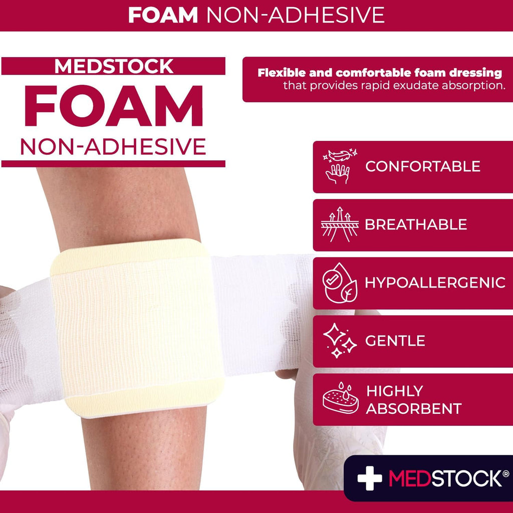 MEDSTOCK Foam Non-Adhesive Dressing, 5CM X 5CM, 10 Count, Wound Care, Odour Control Foam Dressing for Wounds, Non-adhesive, High Absorption, Hypoallergenic, CMC Granules, Optimal for Wound Healing
