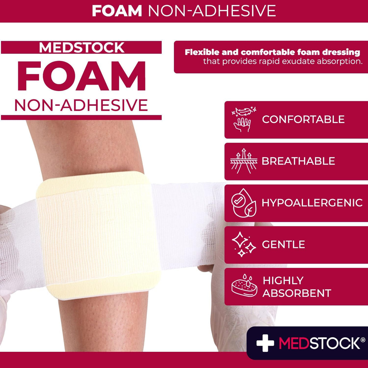 MEDSTOCK Foam Non-Adhesive Dressing, 5CM X 5CM, 10 Count, Wound Care, Odour Control Foam Dressing for Wounds, Non-adhesive, High Absorption, Hypoallergenic, CMC Granules, Optimal for Wound Healing