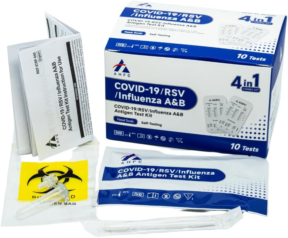 AHPC 4 in 1 COVID-19/RSV/Influenza A&B Antigen Test Kit - Rapid Antigen Test - COVID Flu RSV Kit with Nasal Swab - Convenient RAT Test - COVID Rapid Antigen for Home Use - Respiratory Testing - 1 Carton = 600 Tests (60 x 10 Pack)