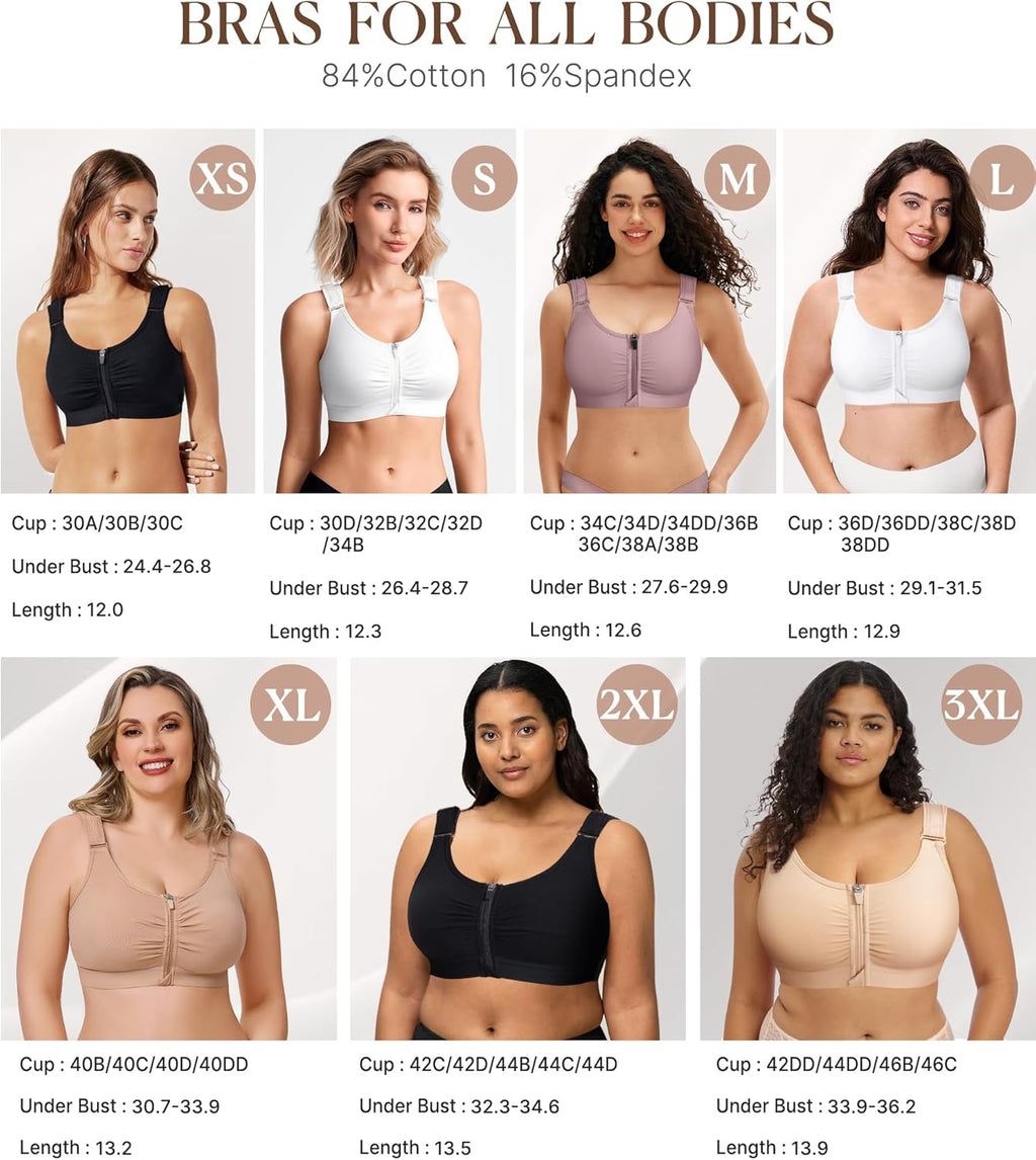 BRABIC Zip Front Closure Everyday Bra for Women Post Surgery Compression Support with Adjustable Straps Wirefree