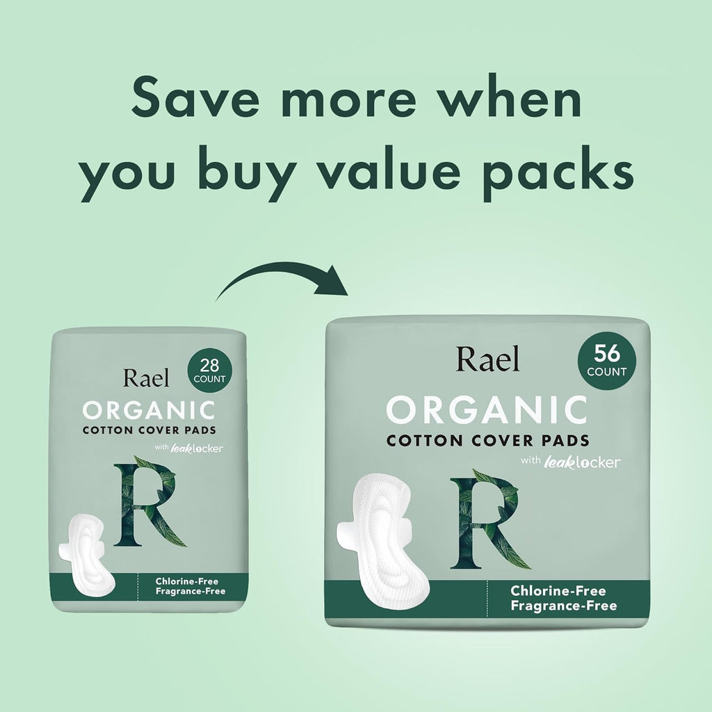 Rael Sanitary Pads for Women, Organic Cellulose Cotton Cover, Menstrual Pads with Wings, Feminine Care, Sanitary Napkins, Great Absorbency, Unscented (Large, 24 Pack)
