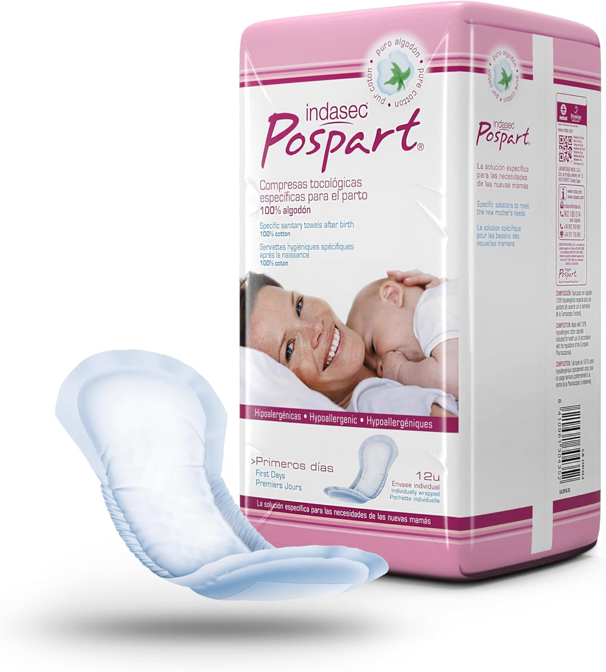 Indasec Pospart Cotton Tocological Pads - 12 Count (2 Pack)