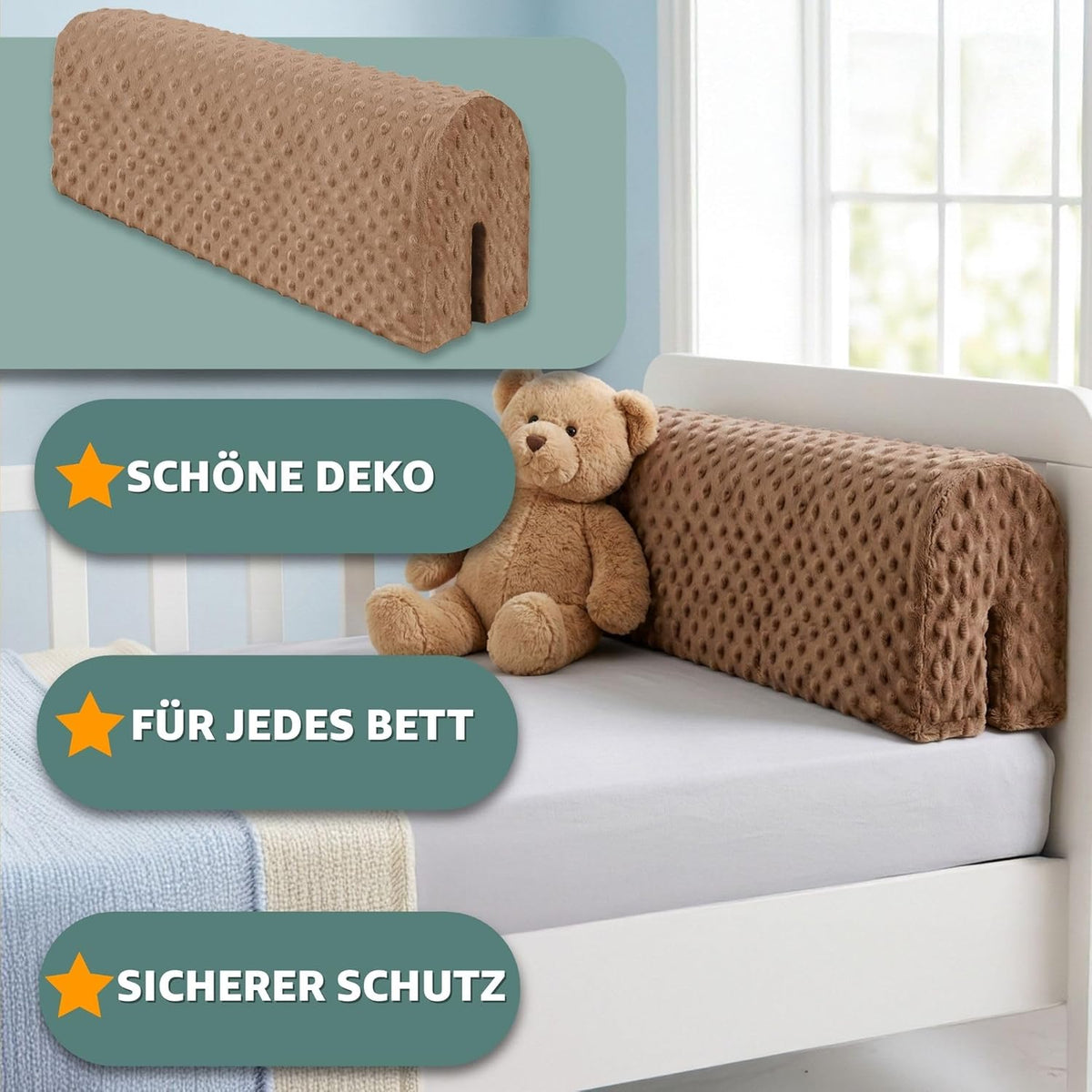 Totsy Baby Bumper Cot Bumper Baby Cots 70 cm – Anti-Fall and Shock Protector Barrier Foam Safety Children and Girls for Bed Protection of Fence and Edge for Children Minky Light Beige