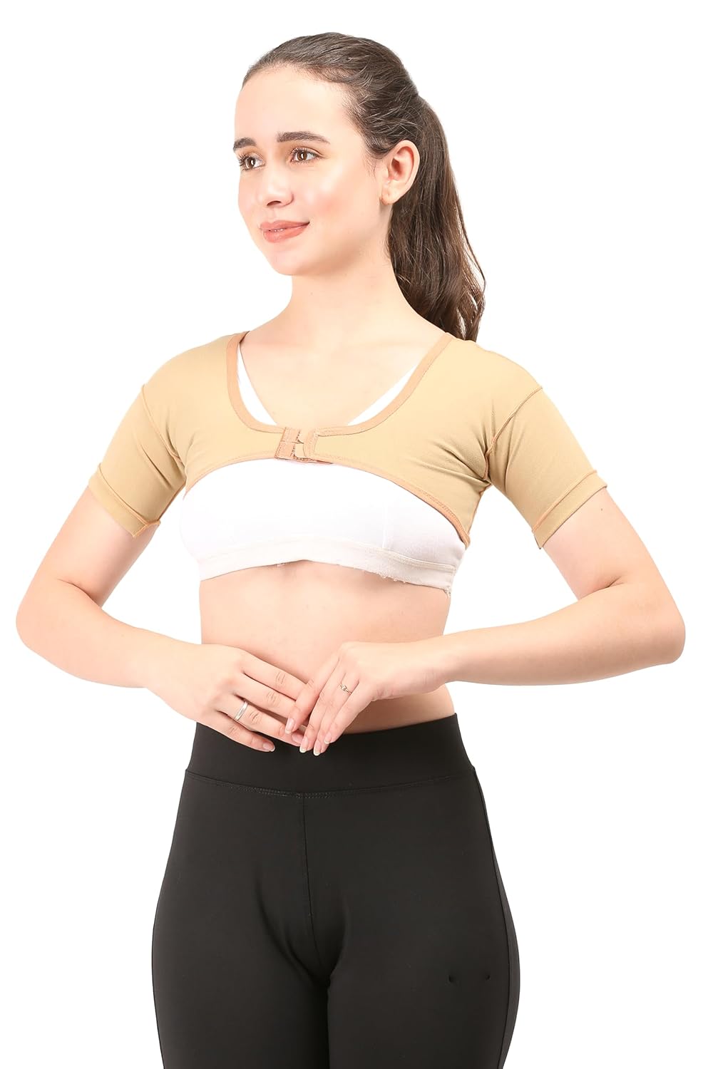 Post Surgical Axillary Breast Support with Axillary Compression Band || MODERATE COMPRESSION || Liposuction Compression Garment || Front Hook Adjustment (Large, Beige)