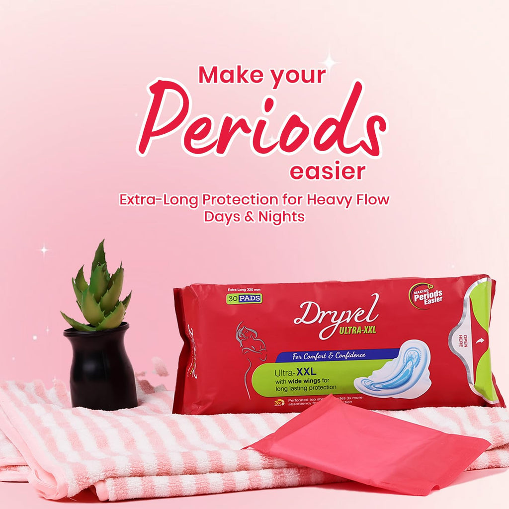 Dryvel Ultra-XXL Sanitary Pads | 320mm Extra Long | 3X Heavy Flow Protection | Odour Control | Wide Wings | Soft & Breathable | Hypoallergenic | Pack for Women & Girls Pack of 2 (30 Pads Each)
