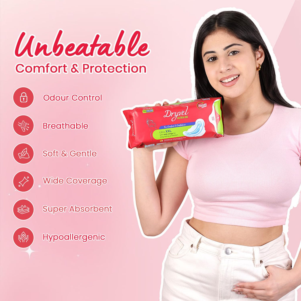 Dryvel Ultra-XXL Sanitary Pads | 320mm Extra Long | 3X Heavy Flow Protection | Odour Control | Wide Wings | Soft & Breathable | Hypoallergenic | Pack for Women & Girls Pack of 2 (30 Pads Each)