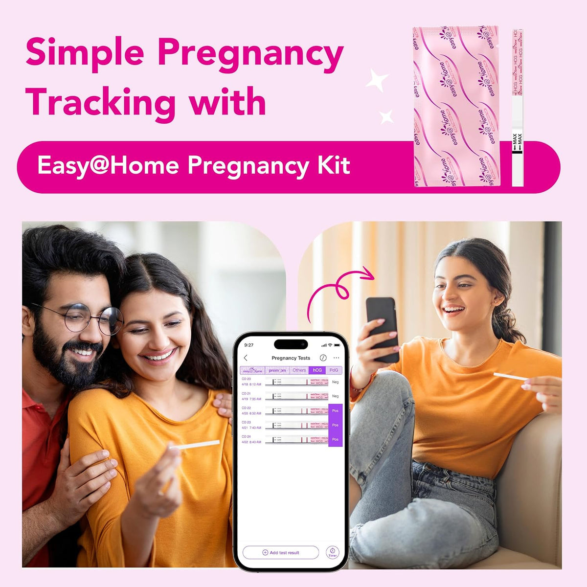 Easy@Home Pregnancy Test Strips Kit, 5 Pack Early Detection hCG Tests - Powered by Premom Ovulation Predictor iOS and Android APP