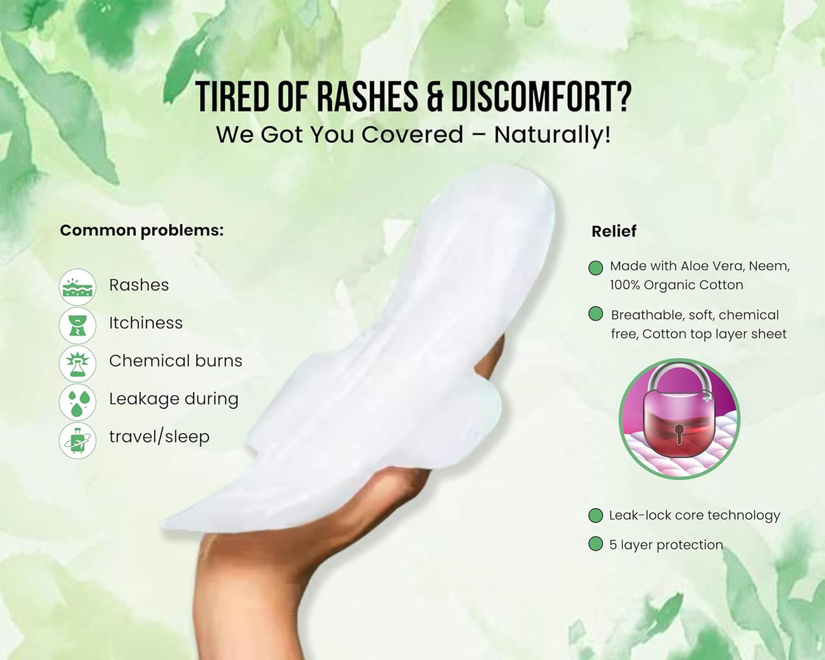 Herbal Sanitary Pads Women XXL – 12 Pads With Disposable Cover | Infused with Aloe Vera, Camel Grass & Neem Powder | Rash-Free, Biodegradable | 5-Layer Leak Protection for Heavy Flow
