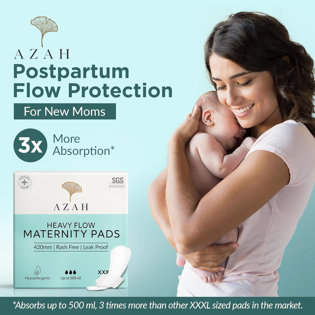 AZAH Maternity Pads after Delivery for Women (Box of 50) Ultra-Absorbent XXXL Pads for Women | Maternity Pads made for Heavy Flow, Postpartum Flow & Overnight flow | Without Disposable Bags