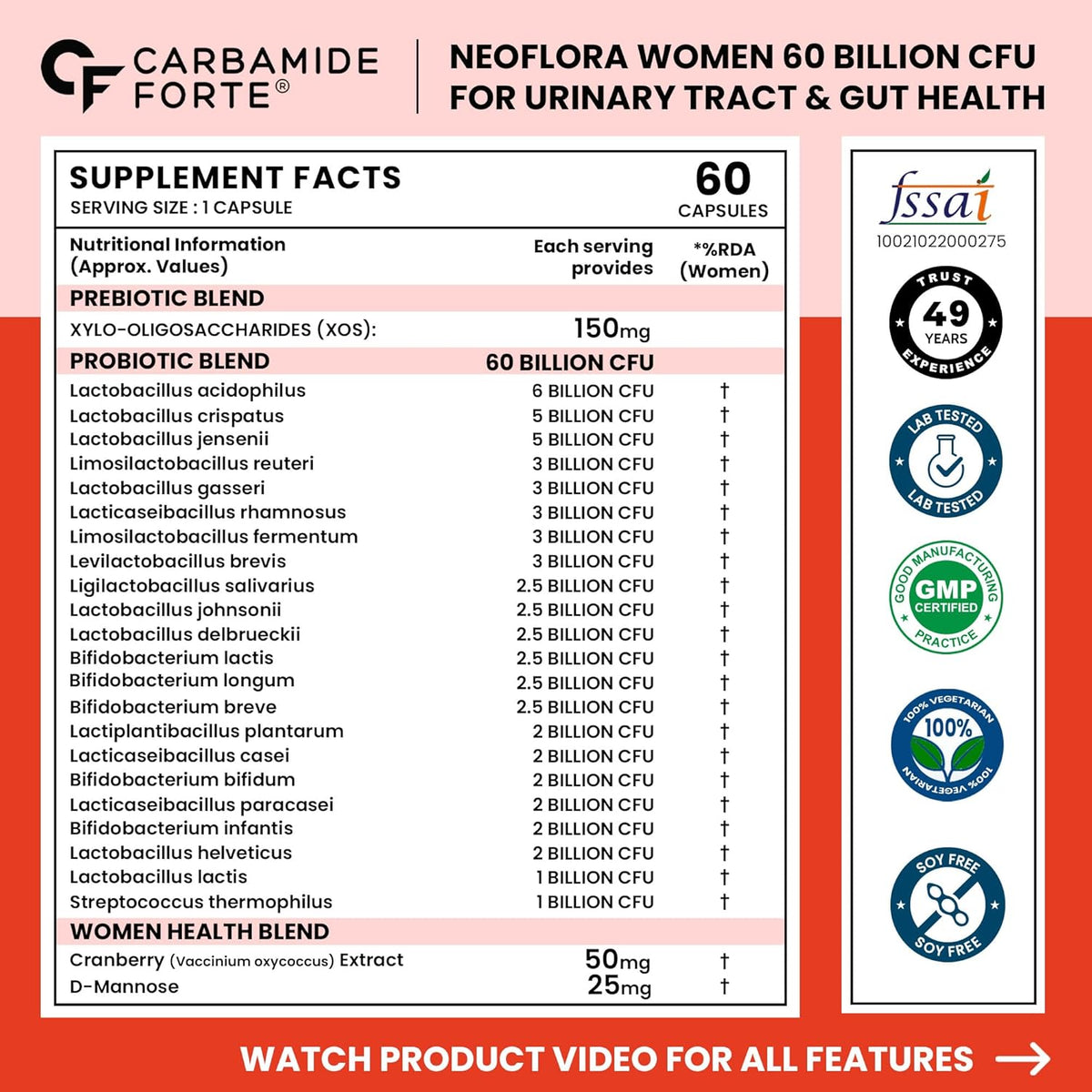 Carbamide Forte Women’s Probiotics Supplement 60 Billion CFU | Vaginal Probiotics & Gut Health Supplements with Cranberry Extract | 60 Veg Capsules (Pack of 2)