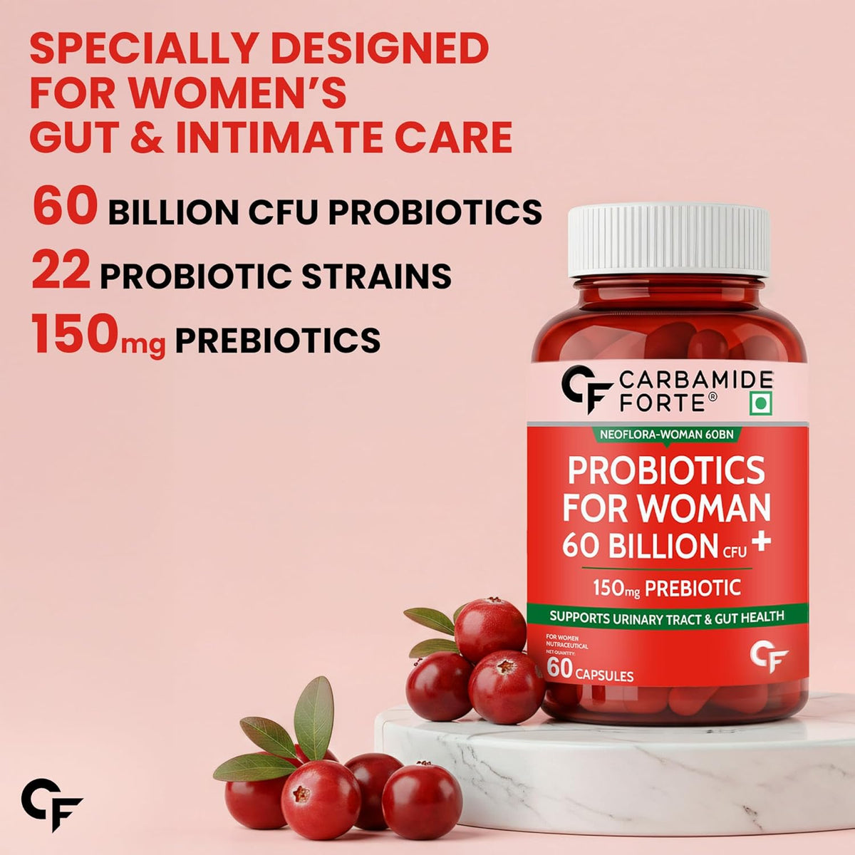 Carbamide Forte Women’s Probiotics Supplement 60 Billion CFU | Vaginal Probiotics & Gut Health Supplements with Cranberry Extract | 60 Veg Capsules (Pack of 2)