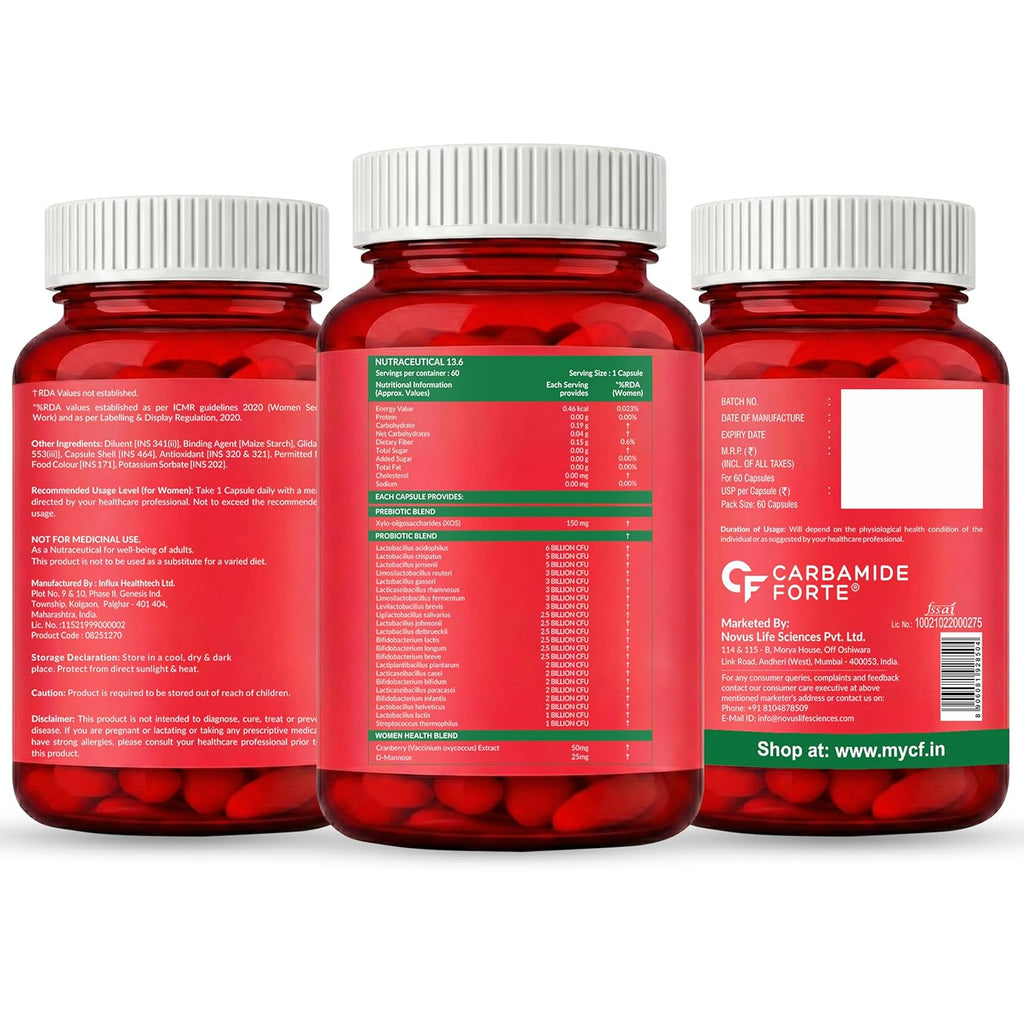 Carbamide Forte Women’s Probiotics Supplement 60 Billion CFU | Vaginal Probiotics & Gut Health Supplements with Cranberry Extract | 60 Veg Capsules (Pack of 2)