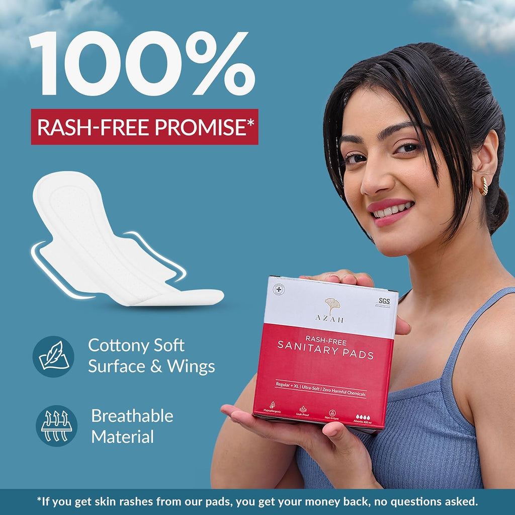 AZAH Sanitary Pads for Women (20 Reg + 20 XL) [Pack of 40] 100% Rash-Free sanitary napkins | 3x More Absorption, Cottony Soft and Dry Top Cover for heavy Flow | Toxin Free, Locks Odour, Leak-Proof