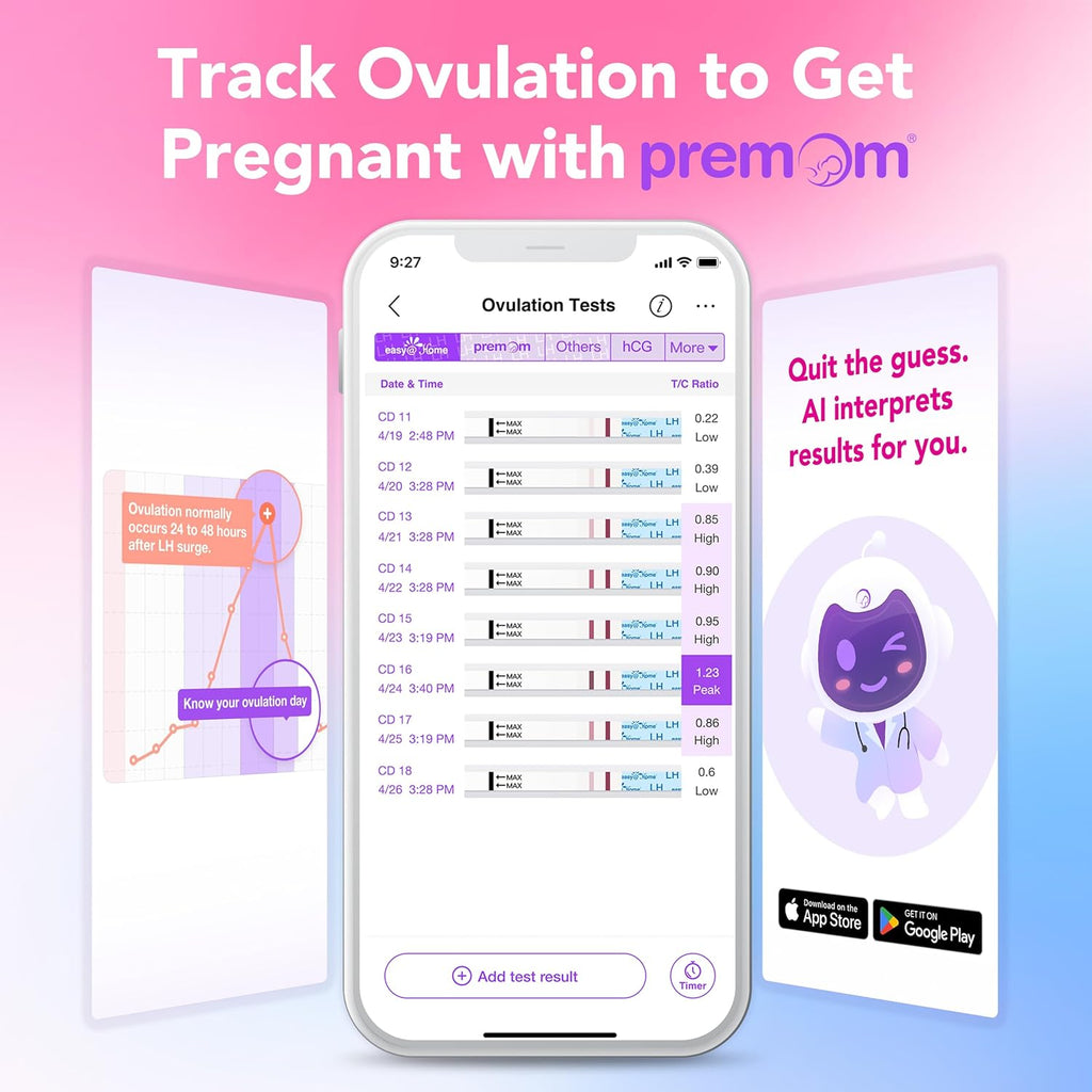 Easy@Home Ovulation and Pregnancy Test Kit: 50 LH Ovulation and 5 HCG Pregnancy Test Strips Powered by Premom App for Women Trying to Conceive