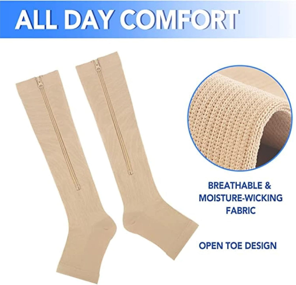 NIGHTSTAR Open Toe Knee High Compression Socks with Zipper – Medical Support Stockings for Leg Pain Relief, Edema & Improved Blood Flow Thigh Length for men and women (1PCS)