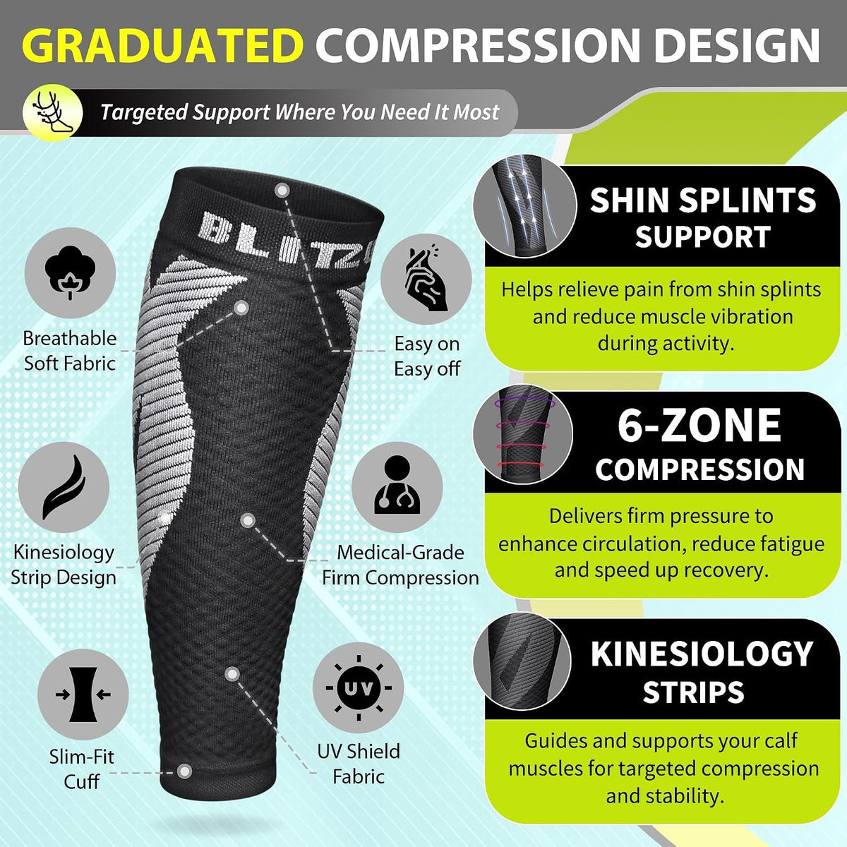 BLITZU Calf Compression Sleeves, Footless Compression Socks for Men & Women | Leg Support Brace, Shin Splint Pain Relief, Reduce Varicose Vein Swelling, Muscle Recovery, Running, Nursing, Fitness, Travel