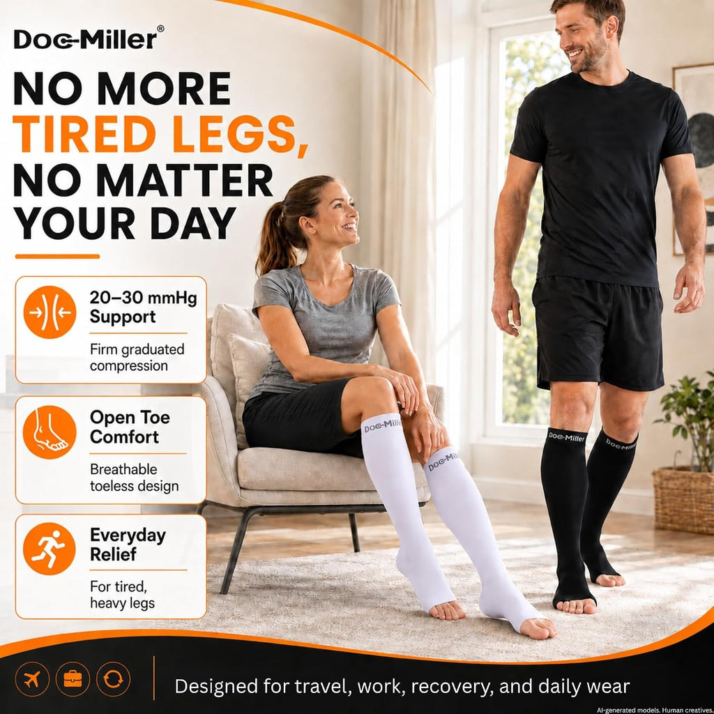 Doc Miller Open Toe Compression Socks, 20-30 mmHg, Knee High, Men & Women | Toeless Compression Sleeves, Knee-High Stockings: Shin Splints, Varicose Veins, Travel, Calf Support & Muscle Recovery, Pair