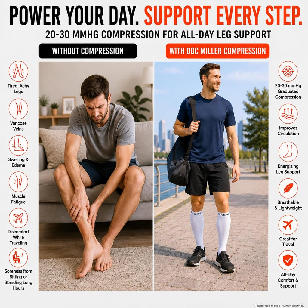 Doc Miller Open Toe Compression Socks, 20-30 mmHg, Knee High, Men & Women | Toeless Compression Sleeves, Knee-High Stockings: Shin Splints, Varicose Veins, Travel, Calf Support & Muscle Recovery, Pair