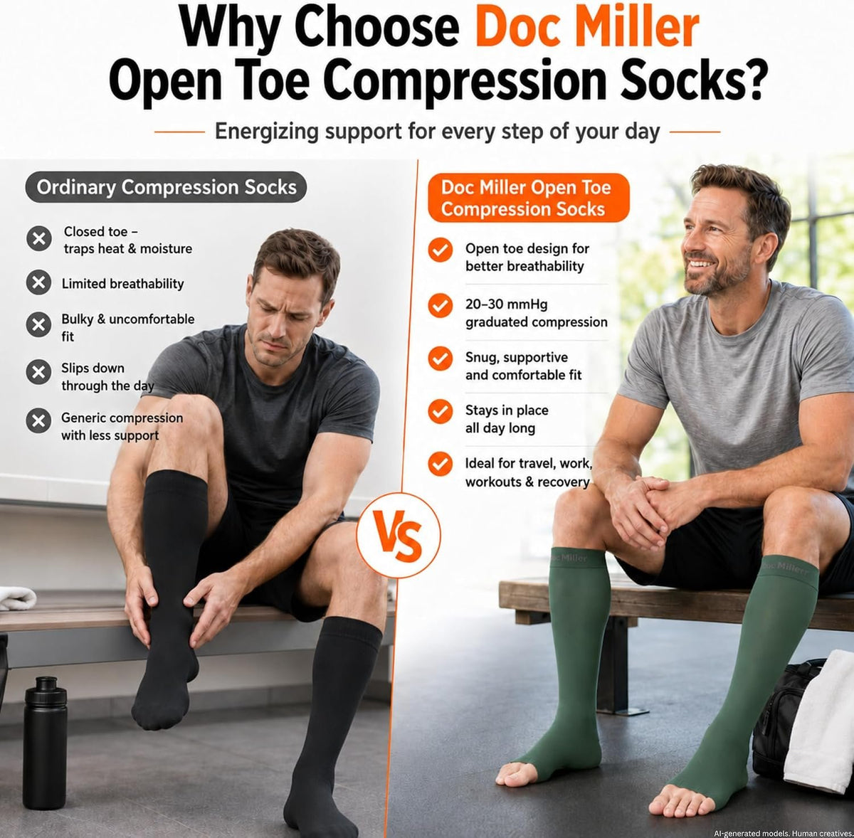Doc Miller Open Toe Compression Socks, 20-30 mmHg, Knee High, Men & Women | Toeless Compression Sleeves, Knee-High Stockings: Shin Splints, Varicose Veins, Travel, Calf Support & Muscle Recovery, Pair