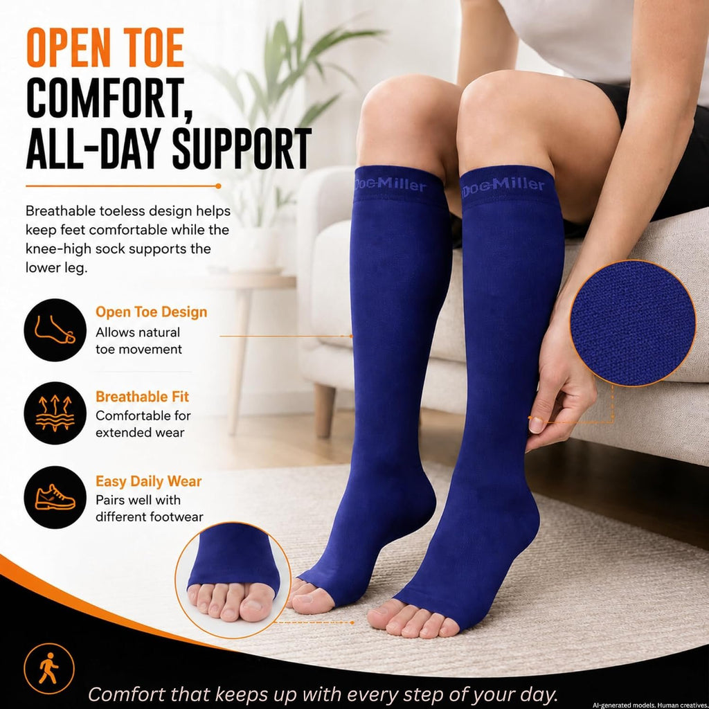 Doc Miller Open Toe Compression Socks, 20-30 mmHg, Knee High, Men & Women | Toeless Compression Sleeves, Knee-High Stockings: Shin Splints, Varicose Veins, Travel, Calf Support & Muscle Recovery, Pair