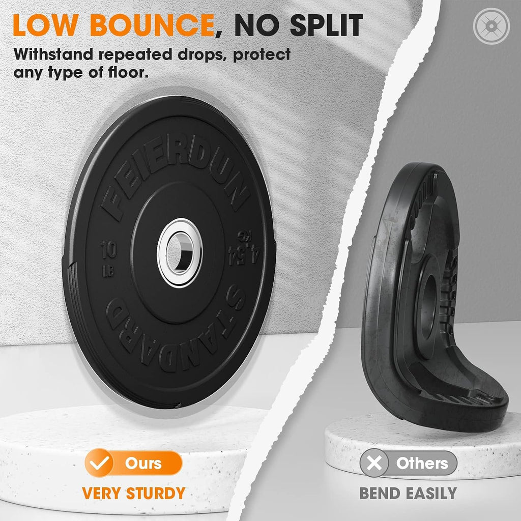 FEIERDUN Color Bumper Plate Set, 2-Inch Olympic Weight Plates, Low Bounce Rubber Barbell Plates with Stainless Steel Insert for Weightlifting, Strength Training, CrossFit & Home Gym, 10LB-370LB