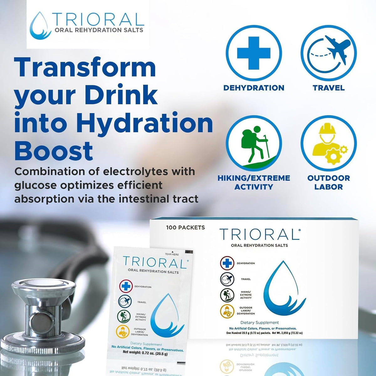 TRIORAL Electrolyte Powder Oral Rehydration Salts, 50 Drink Packets | Unflavored Formula, Single Serve Packets, Sodium and Potassium Blend, Travel Ready, Workout Hydration, Daily Drink Mix
