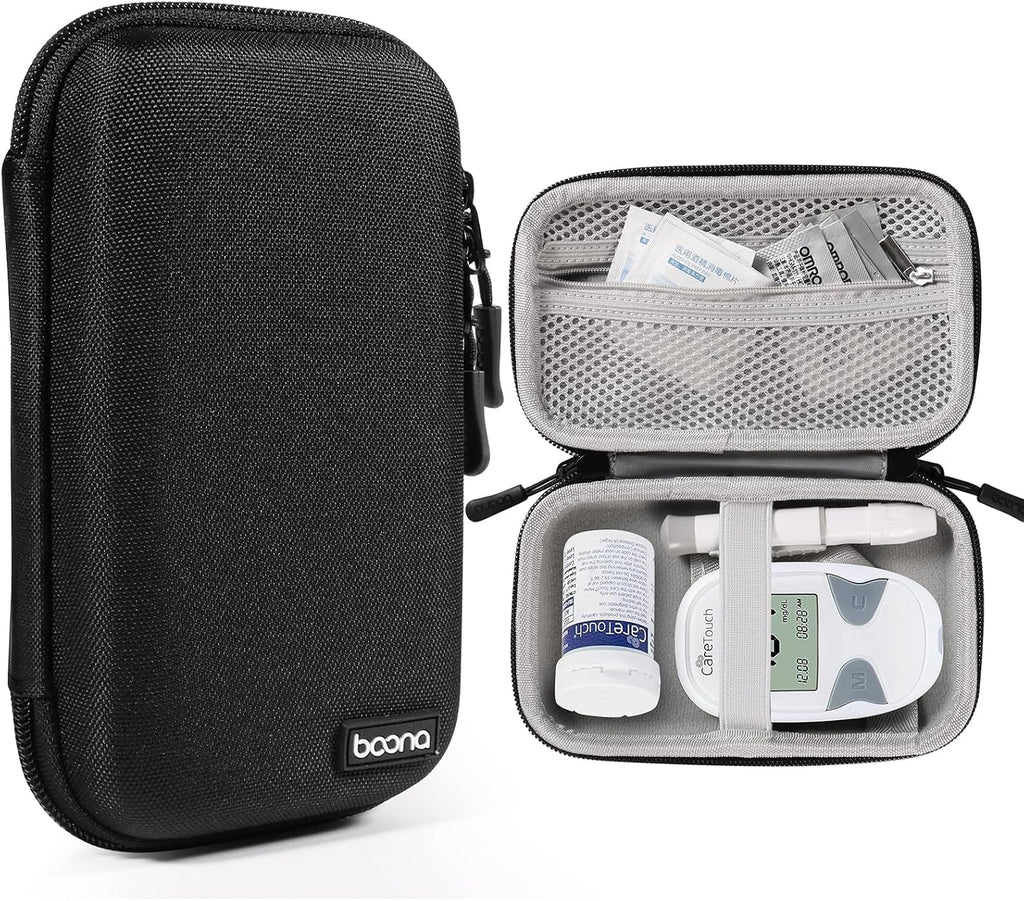 Diabetes Travel Case EVA Hard Shell Diabetic Supplies Bag Organizer for Blood Sugar Testing Kit, Glucose Monitor Kit with Meter, Glucose Test Strips, Lancets, Lancing Device, Alcohol Wipe (Black)