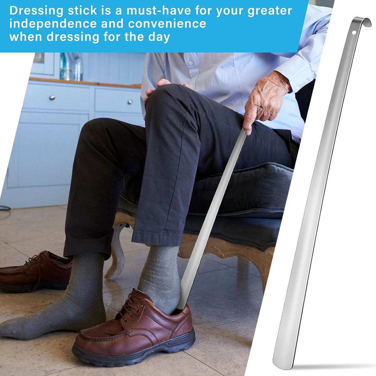 1 Pcs 31.5'' Extra Long Handled Shoe Horn Metal Shoehorn for Men Women Multifunctional Stainless Dressing Stick for Elderly Disabled Limited Mobility, Standing Reach Assist for Senior (Silver)