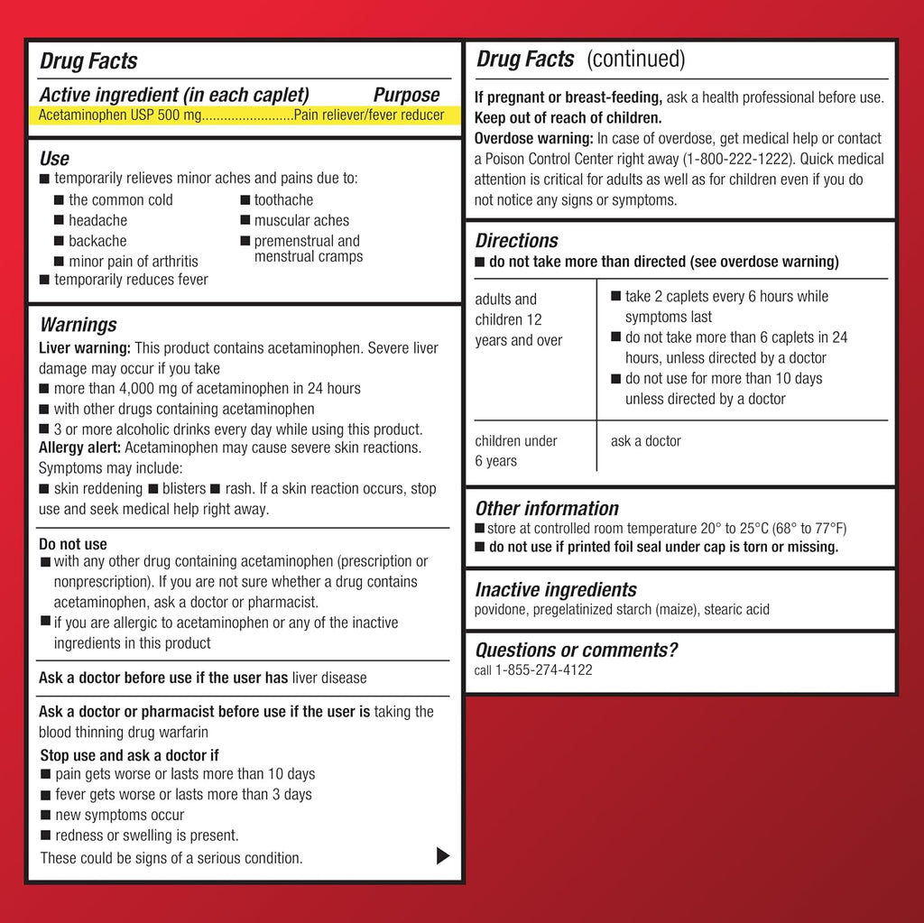 Amazon Basic Care Extra Strength Pain Relief, Acetaminophen Caplets, 500 mg, Pain Reliever and Fever Reducer for Headache, Backache, Arthritis Pain, Menstrual Cramps, 1000 Count (Packaging may vary)