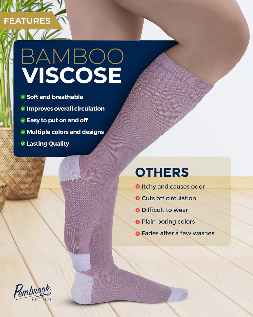 Pembrook® Bamboo Viscose Light Compression Socks - 3 Pairs | 8-15 mmhg Compression Socks | Knee High Comfort Support Socks